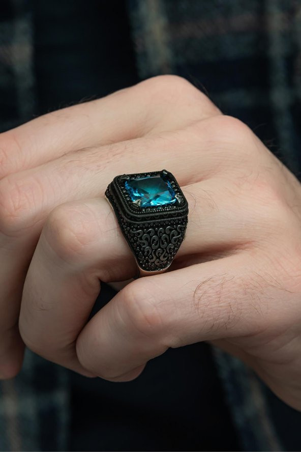 Kare Aqua Mavi Taşlı 925 Gümüş Erkek Yüzük ürün görseli