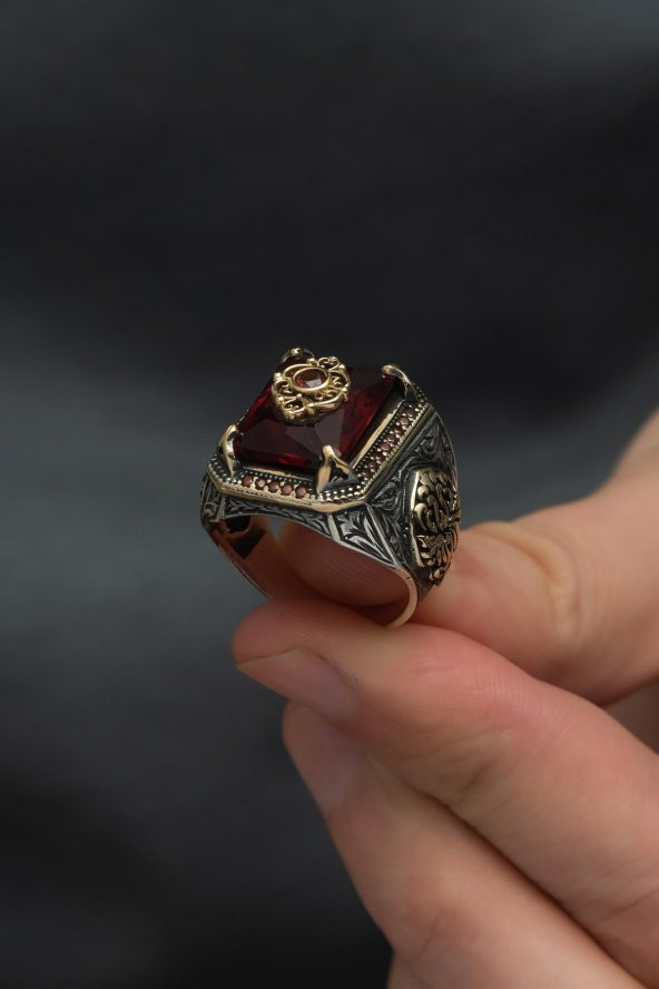 Kırmızı Taşlı Çiçek Motifli 925 Gümüş Erkek Yüzük - Resim 5