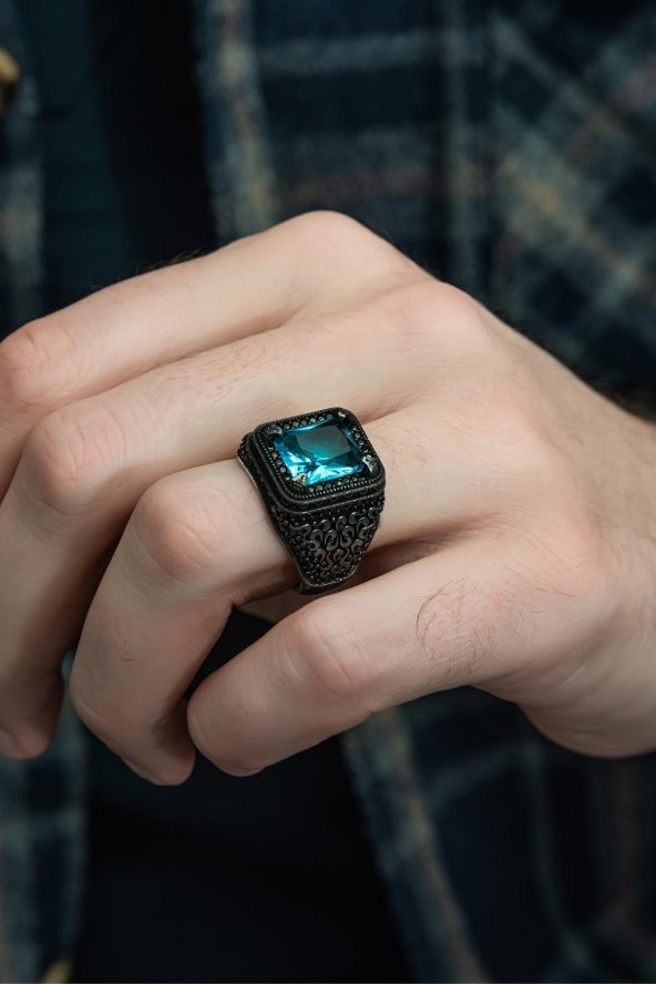 Kare Aqua Mavi Taşlı 925 Gümüş Erkek Yüzük - Resim 4