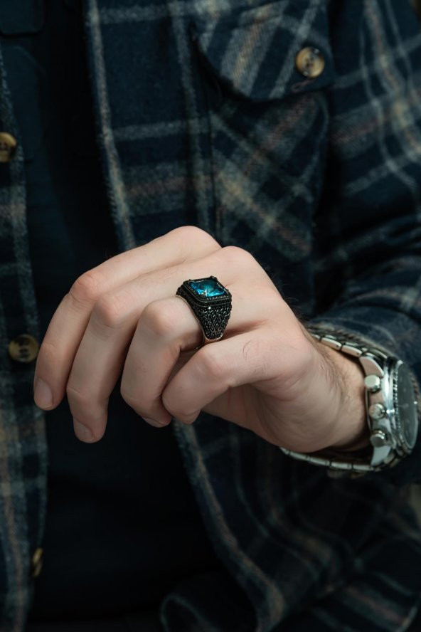 Kare Aqua Mavi Taşlı 925 Gümüş Erkek Yüzük - Resim 5