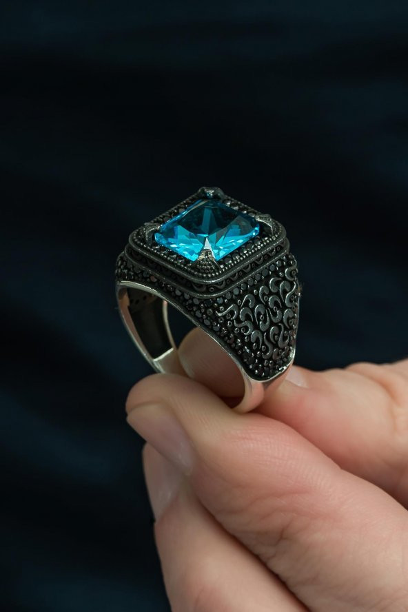 Kare Aqua Mavi Taşlı 925 Gümüş Erkek Yüzük - Resim 7