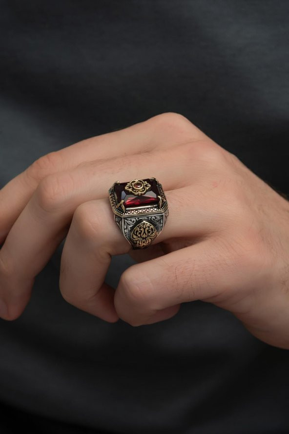 Kırmızı Taşlı Çiçek Motifli 925 Gümüş Erkek Yüzük - Resim 9