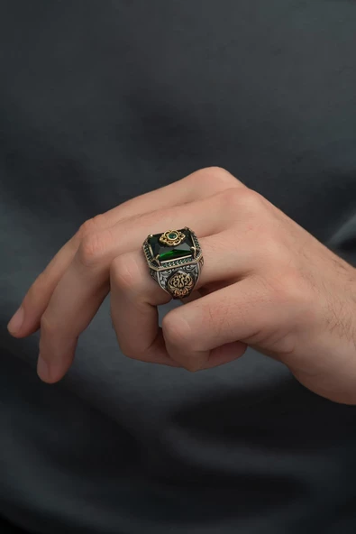 Yeşil Taşlı Çiçek Motifli 925 Gümüş Erkek Yüzük - Resim 3