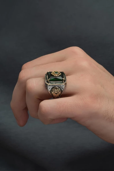 Yeşil Taşlı Çiçek Motifli 925 Gümüş Erkek Yüzük - Resim 5