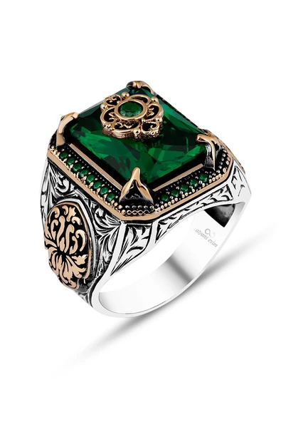 Yeşil Taşlı Çiçek Motifli 925 Gümüş Erkek Yüzük - Resim 2