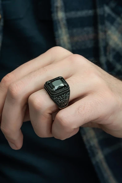 Kare Siyah Taşlı 925 Gümüş Erkek Yüzük - Resim 5