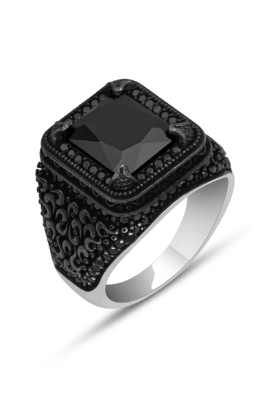 Kare Siyah Taşlı 925 Gümüş Erkek Yüzük - Resim 2
