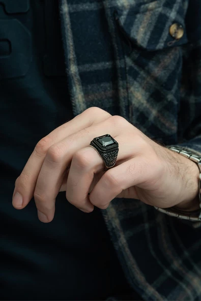 Kare Siyah Taşlı 925 Gümüş Erkek Yüzük - Resim 4