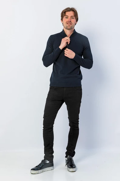 Erkek Regular Fit Düz Renk Hakim Yaka Fermuarlı Uzun Kollu Triko Kazak - 11