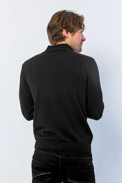 Erkek Regular Fit Düz Renk Hakim Yaka Fermuarlı Uzun Kollu Triko Kazak - 4