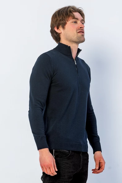 Erkek Regular Fit Düz Renk Hakim Yaka Fermuarlı Uzun Kollu Triko Kazak - 10