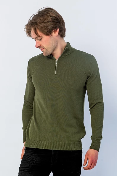 Erkek Regular Fit Düz Renk Hakim Yaka Fermuarlı Uzun Kollu Triko Kazak - 12