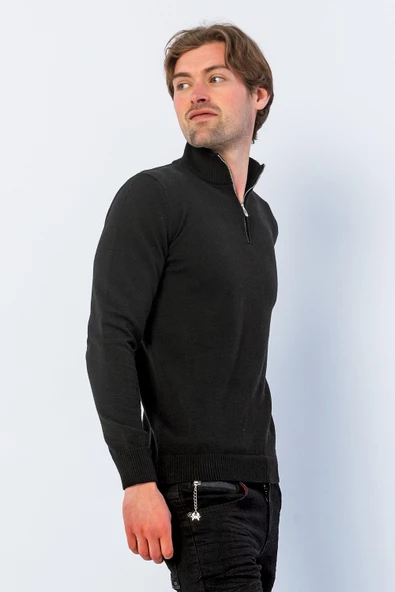 Erkek Regular Fit Düz Renk Hakim Yaka Fermuarlı Uzun Kollu Triko Kazak - 5