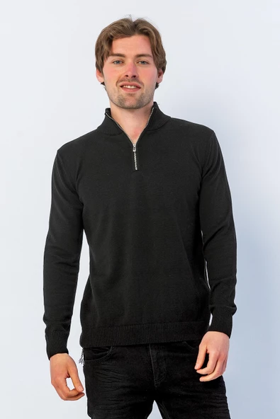 Erkek Regular Fit Düz Renk Hakim Yaka Fermuarlı Uzun Kollu Triko Kazak - 6