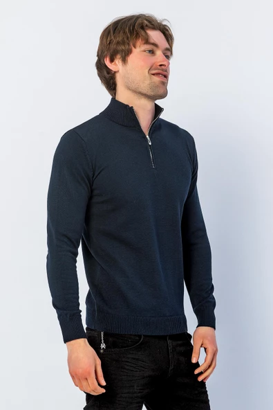 Erkek Regular Fit Düz Renk Hakim Yaka Fermuarlı Uzun Kollu Triko Kazak - 7