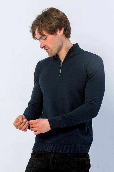 Erkek Regular Fit Düz Renk Hakim Yaka Fermuarlı Uzun Kollu Triko Kazak - 8