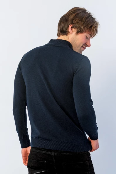 Erkek Regular Fit Düz Renk Hakim Yaka Fermuarlı Uzun Kollu Triko Kazak - 9