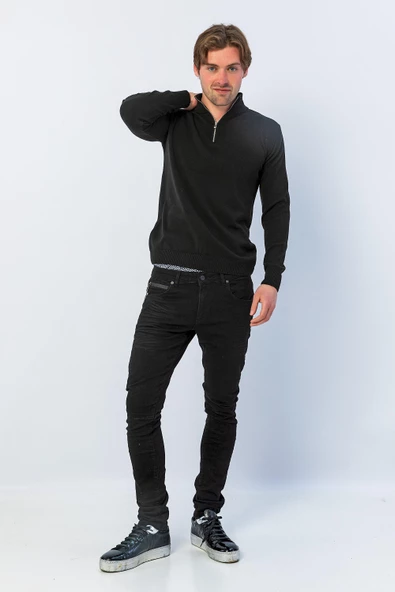 Erkek Regular Fit Düz Renk Hakim Yaka Fermuarlı Uzun Kollu Triko Kazak - 2