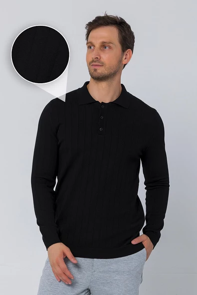 Erkek Regular Fit Düz Renk Polo Yaka Düğmeli Uzun Kollu Çizgili Triko Kazak - 6