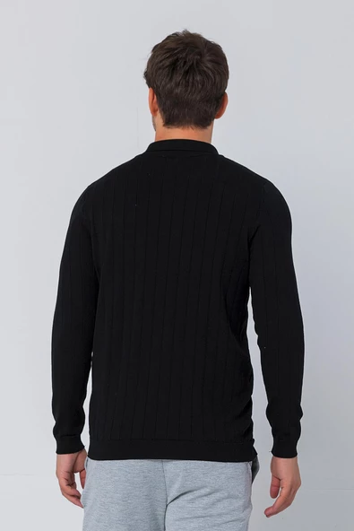 Erkek Regular Fit Düz Renk Polo Yaka Düğmeli Uzun Kollu Çizgili Triko Kazak - 4