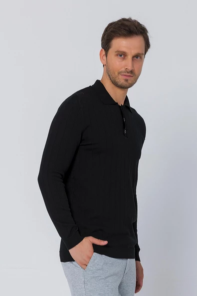 Erkek Regular Fit Düz Renk Polo Yaka Düğmeli Uzun Kollu Çizgili Triko Kazak - 3