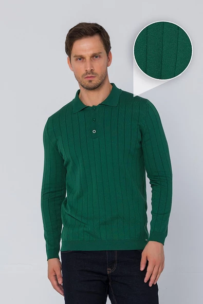 Erkek Regular Fit Düz Renk Polo Yaka Düğmeli Uzun Kollu Çizgili Triko Kazak - 12