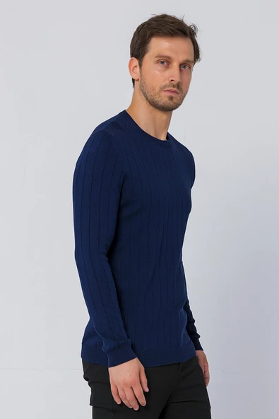 Erkek Regular Fit Düz Renk Bisiklet Yaka Uzun Kollu Çizgili Triko Kazak - 10