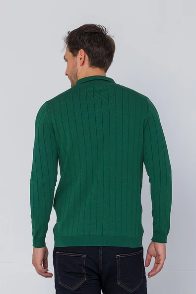 Erkek Regular Fit Düz Renk Polo Yaka Düğmeli Uzun Kollu Çizgili Triko Kazak - 10