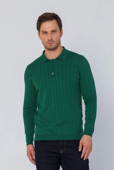 Erkek Regular Fit Düz Renk Polo Yaka Düğmeli Uzun Kollu Çizgili Triko Kazak - 7