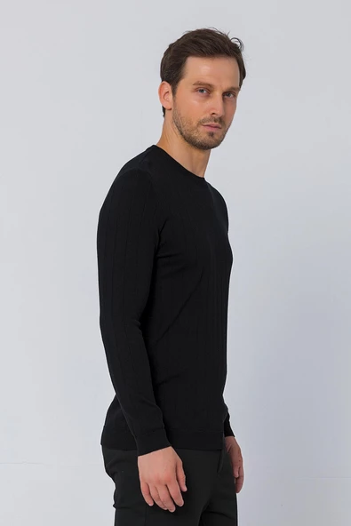 Erkek Regular Fit Düz Renk Bisiklet Yaka Uzun Kollu Çizgili Triko Kazak - 3