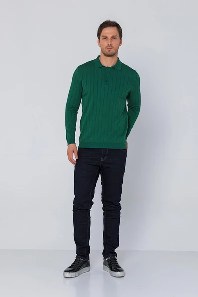 Erkek Regular Fit Düz Renk Polo Yaka Düğmeli Uzun Kollu Çizgili Triko Kazak - 11