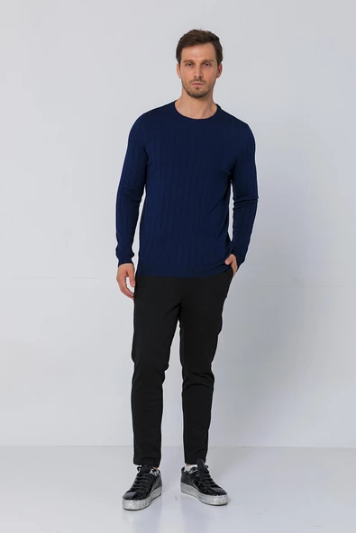 Erkek Regular Fit Düz Renk Bisiklet Yaka Uzun Kollu Çizgili Triko Kazak - 8