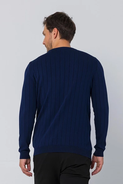 Erkek Regular Fit Düz Renk Bisiklet Yaka Uzun Kollu Çizgili Triko Kazak - 11