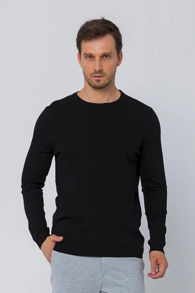 Erkek Regular Fit Düz Renk Bisiklet Yaka Uzun Kollu Çizgili Triko Kazak - 5