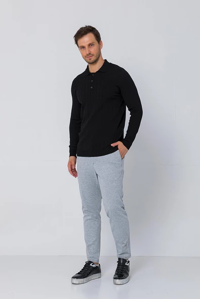 Erkek Regular Fit Düz Renk Polo Yaka Düğmeli Uzun Kollu Çizgili Triko Kazak - 5