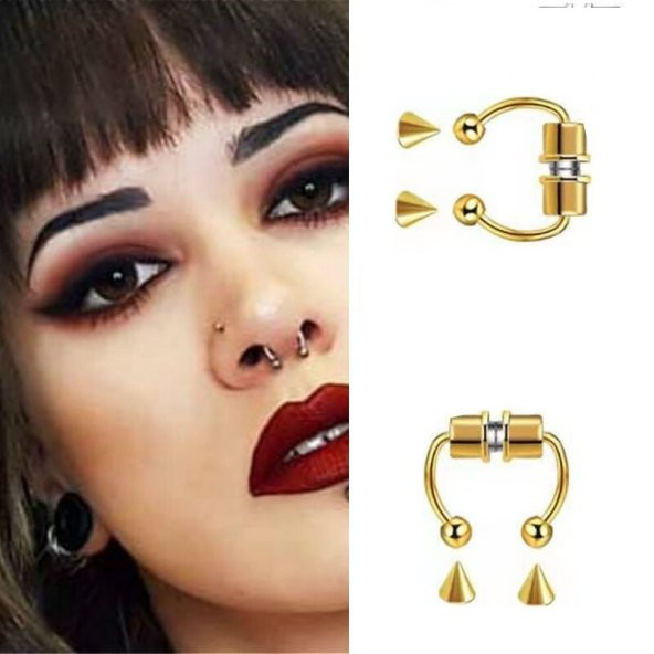 Gold Mıknatıslı Fake Burun Piercing -Top Ve Ok Uçlu Paslanmaz Septum Deliksiz Pirsing - 2