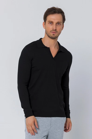 Erkek Regular Fit Düz Renk Polo Kaleci Yaka Uzun Kollu Triko Kazak - 3