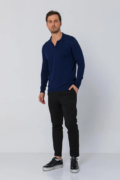 Erkek Regular Fit Düz Renk Polo Kaleci Yaka Uzun Kollu Triko Kazak - 11