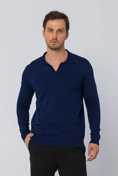 Erkek Regular Fit Düz Renk Polo Kaleci Yaka Uzun Kollu Triko Kazak - 7