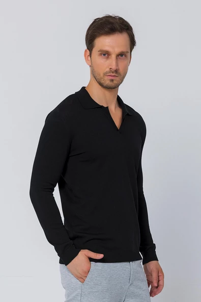 Erkek Regular Fit Düz Renk Polo Kaleci Yaka Uzun Kollu Triko Kazak - 5