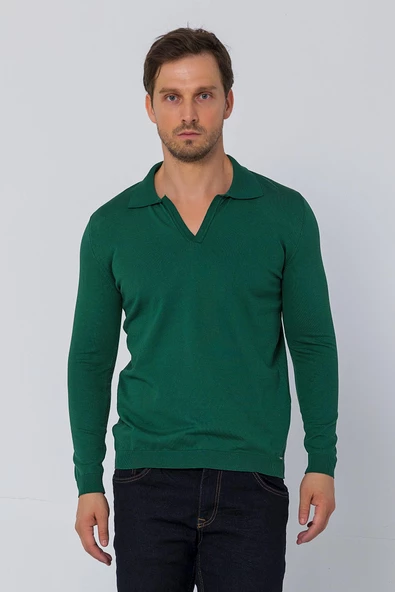 Erkek Regular Fit Düz Renk Polo Kaleci Yaka Uzun Kollu Triko Kazak - 12