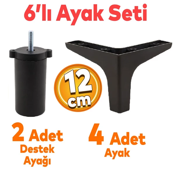 Sedef 6'lı Set Mobilya Tv Ünitesi Koltuk Kanepe Destek Ayağı 12 Cm Siyah Baza Ayakları M8 Destek