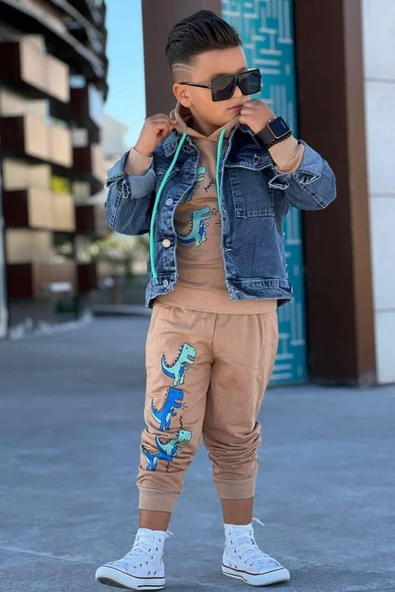 Erkek Çocuk Kot Ceketli Dino Baskılı Kapüşonlu Bej Eşofman Takım - Resim 2