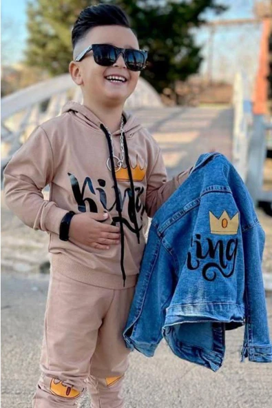 Erkek Çocuk Kot Ceketli King Baskılı Kapüşonlu Bej Eşofman Takım - Resim 3