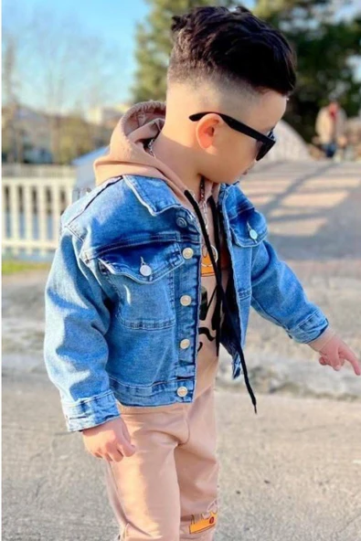 Erkek Çocuk Kot Ceketli King Baskılı Kapüşonlu Bej Eşofman Takım - Resim 2