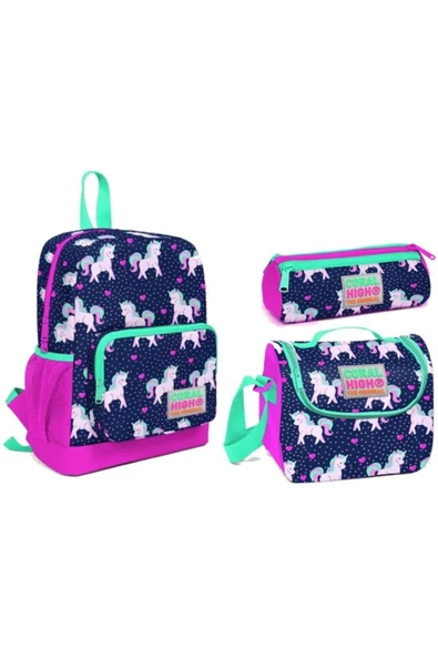 Coral High Lacivert Unicorn Desenli Beslenme Okul Çantası Kalemlik