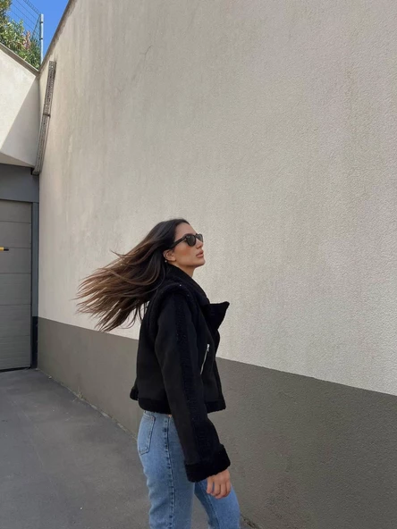 KUZU YUMOŞ KAPLAMA TAK ÇIKAR KOL CROP NUBUK KABAN/ SİYAH - 2