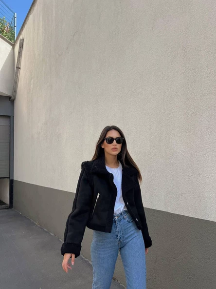 KUZU YUMOŞ KAPLAMA TAK ÇIKAR KOL CROP NUBUK KABAN/ SİYAH - 3