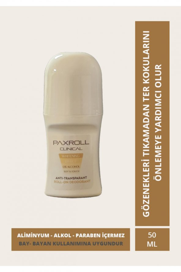 PAXROLL Clinical Antiperspirant Whitening Roll-on Deodorant, Kadın-erkek Beyazlatıcı Özellikli 50ml