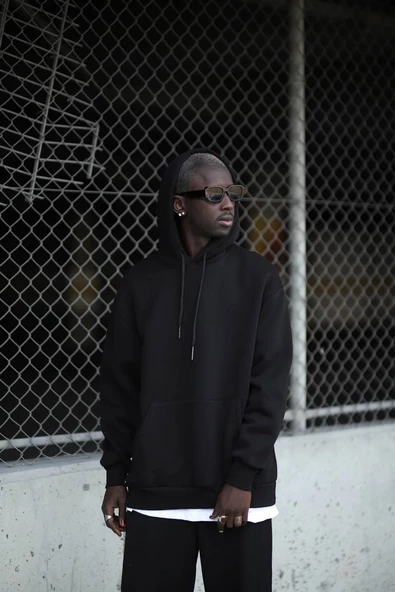 Kapşonlu 3 İplik Kalın İçi Polarlı Oversize Kangru Cepli Erkek Sweatshirt - 9